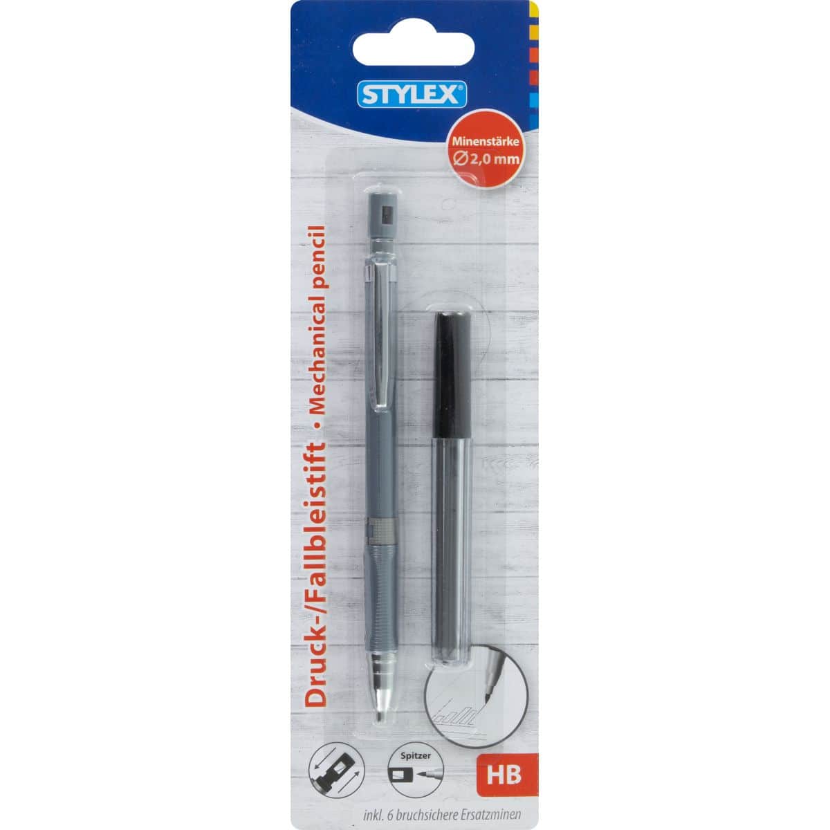 Stylex Druck-/ Fallbleistift, Metallspitze, geriffelte Griffzone, 6 Schreibminen, farbig sortiert