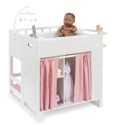 ELLA & PIET® Großes Puppenpflegecenter NURSERY 6in1 aus Holz (Weiß-Rosa) Puppenbett Puppenschrank, Badewanne, Hochstuhl - Echtholz und MDF, inkl. Bettzeug und Matratze