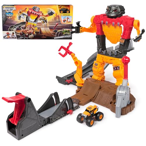 Monster Jam 1:64 Smash & Bash Smashbot Playset, mit verstellbarem Launcher und reparierbarem Roboter, inklusive Smash & Bash JCB Digatron Truck