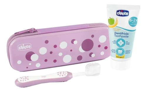 Chicco Baby Zahnbürste und Zahnpasta Set, ergonomische Zahnbürste mit weichen Borsten und Apfel-Bananen-Zahnpasta, für erste Milchzähne, praktisches Case, Reiseset, lila, 6-36 Monate