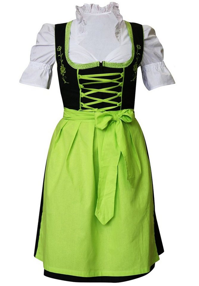 Edelnice Dirndl, 3-teiliges Dirndl in schwarz mit grüner Stickerei und passender grüner Schürze