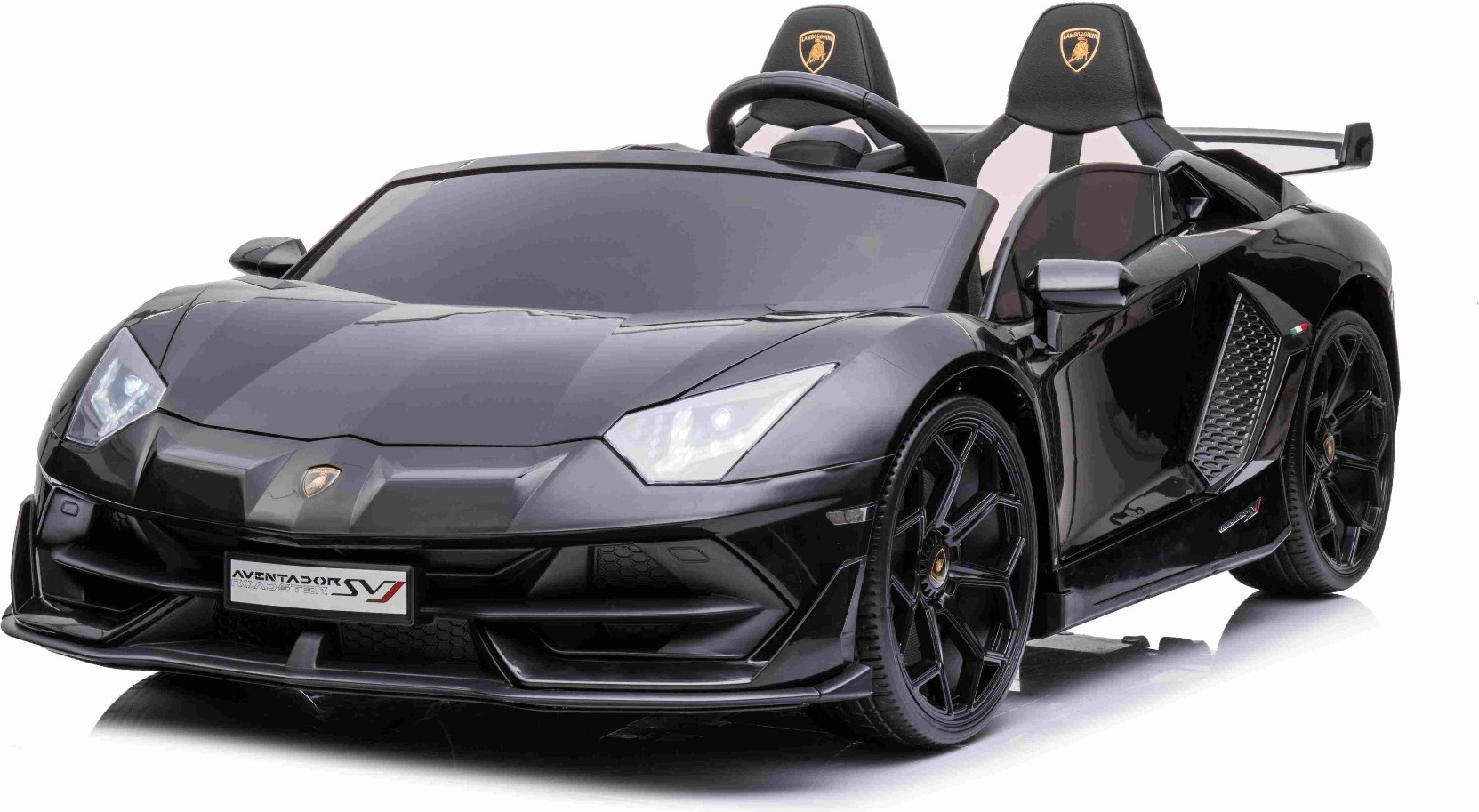 Beneo Elektroauto für Kinder Lamborghini Aventador 24V für zwei Benutzer, schwarz lackiert, MP4-Player, vertikal öffnende Türen, 2x45W Motor, 24V Batterie, 2,4 GHz Fernbedienung, weiche EVA-Räder, Federung, Sanftanlauf, originale Lizenz