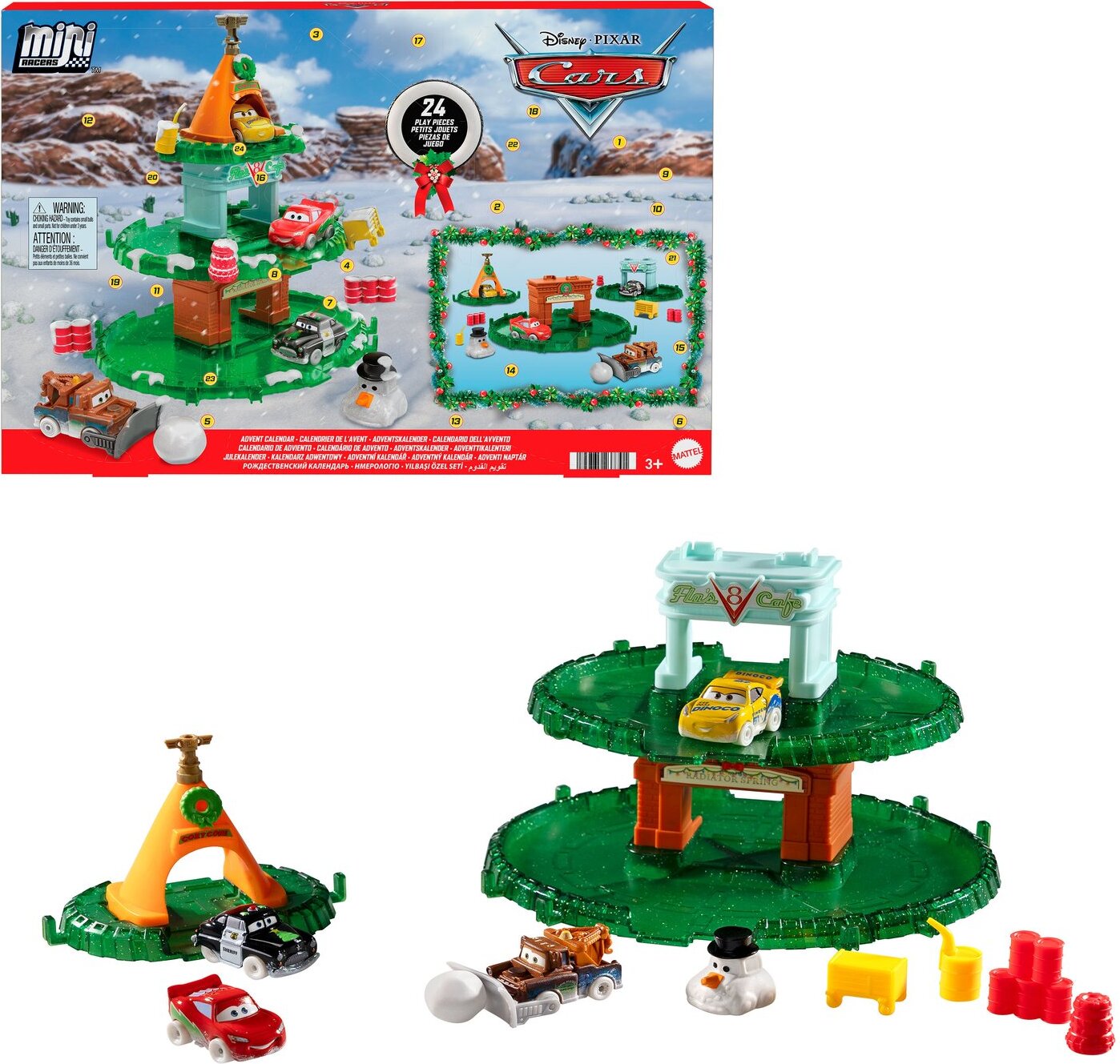 Mattel Disney Pixar Cars Microauta Adventskalender, mit 4 Mini-Fahrzeugen und winterlicher Schneemann-Autofigur