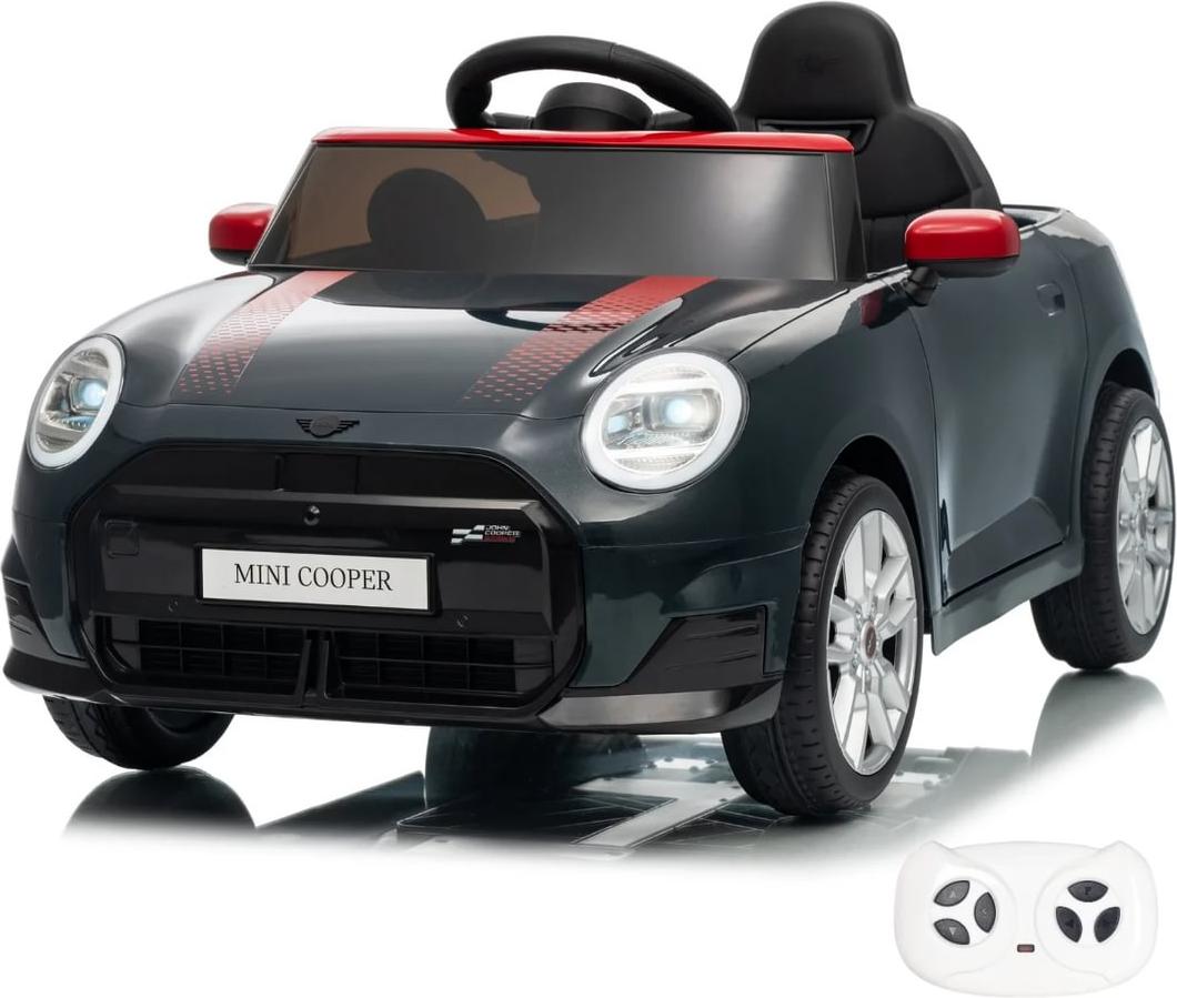 Vrooomy MINI Cooper JCW Kinder Elektroauto 12V mit Fernbedienung, für 1 bis 5 Jahre, schwarz, MP3-Player, LED-Beleuchtung, Sicherheitsgurt, 3–6 km/h