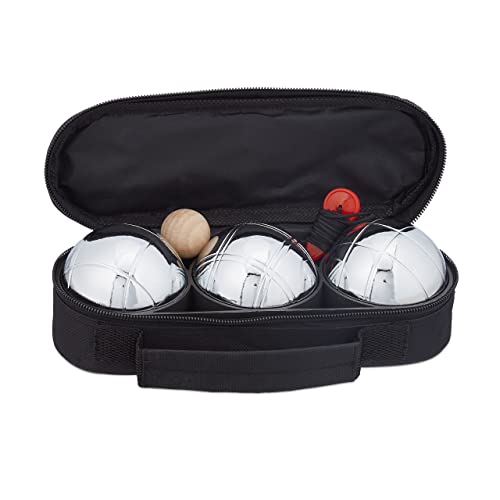 Relaxdays Boule Set, 3 Metall Kugeln mit Zielkugel, Abstandsmesser und Tragetasche, Silber/Schwarz, für Outdoor-Spiele