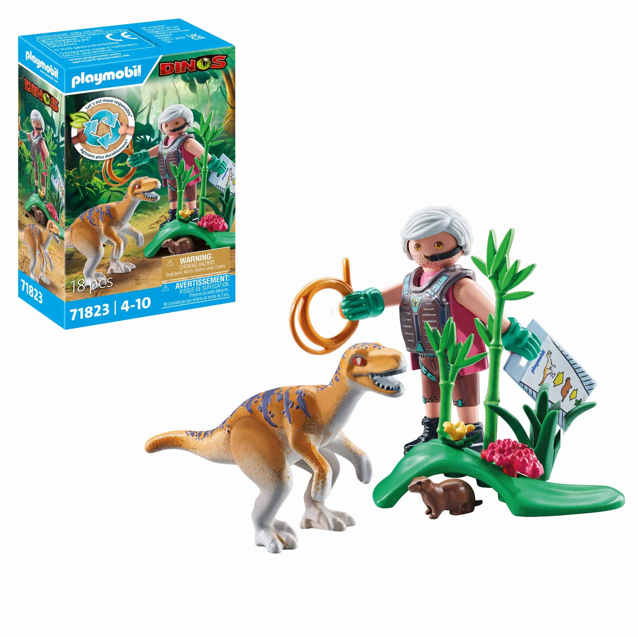 PLAYMOBIL 71823 Velociraptor, Dino-Spielset mit Erdhügel und Forscherfigur