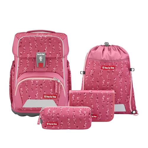 Step by Step Basis Schulranzen-Set „Pink Bubbles“, ergonomischer Tornister in rosa, 4-teilig, mit Reflektoren, Hüft- und Brustgurt, für Kinder ab der 1. Klasse, 20 Liter