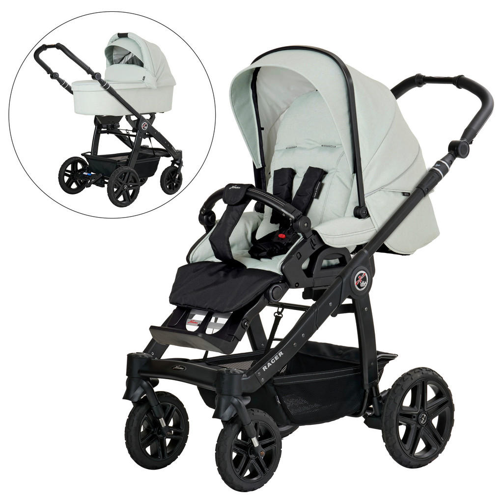 Hartan Kinderwagenset Racer GTS, Salbeigrün, 3-teilig mit ergonomischer Babywanne, umsetzbarem Sportsitz und kugelgelagerten Rädern, Made in Germany