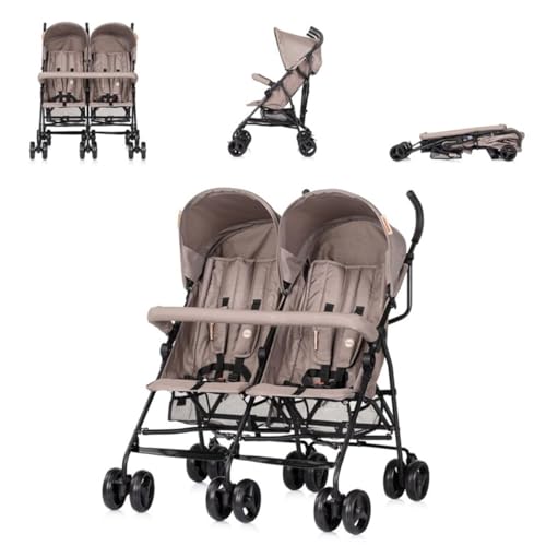 Chipolino Zwillingskinderwagen Double Point, klappbar mit großem Einkaufskorb, verstellbaren Rückenlehnen und Sonnendächern, beige