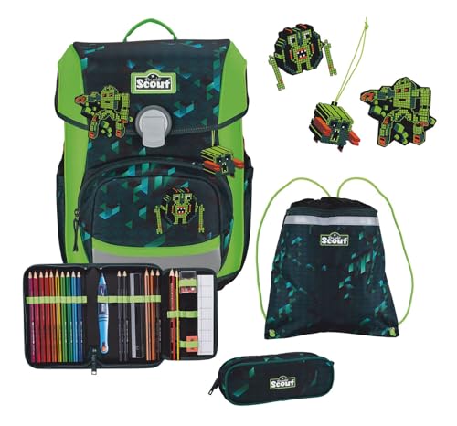 Scout Basic Neo Set 4-teilig Cubes, Schulranzen-Set mit reflektierender und fluoreszierender Oberfläche, inklusive 2 passenden Schlampermäppchen und Sportbeutel, blau