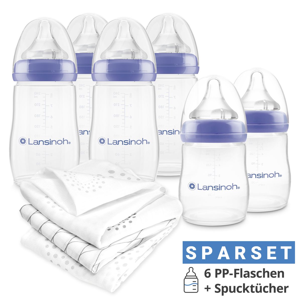 Lansinoh 9-tlg. PP-Flaschen-Set mit NaturalWave® Trinksauger Gr. S & M, inkl. 3 Spucktücher aus 100% Baumwolle