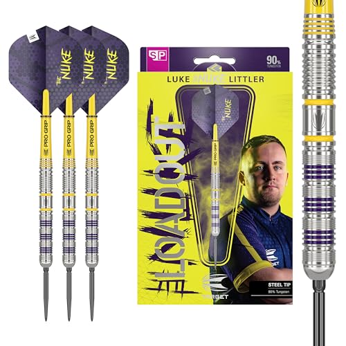 Target Darts Luke Littler Loadout Steel Tip Darts, 90% Tungsten 23G, mit Swiss Points, Pro Grip Shafts & No.2 Flights, violett/gelb