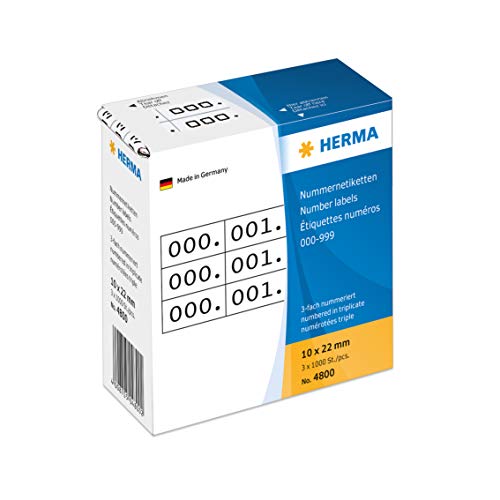 HERMA 4800 Nummernetiketten Zahlen 0-999, dreifach, 22 x 10 mm, 3000 Stück, selbstklebend, matt, 3fach fortlaufende Zahlenetiketten Anlagenummern aus Papier in Spenderbox, weiß