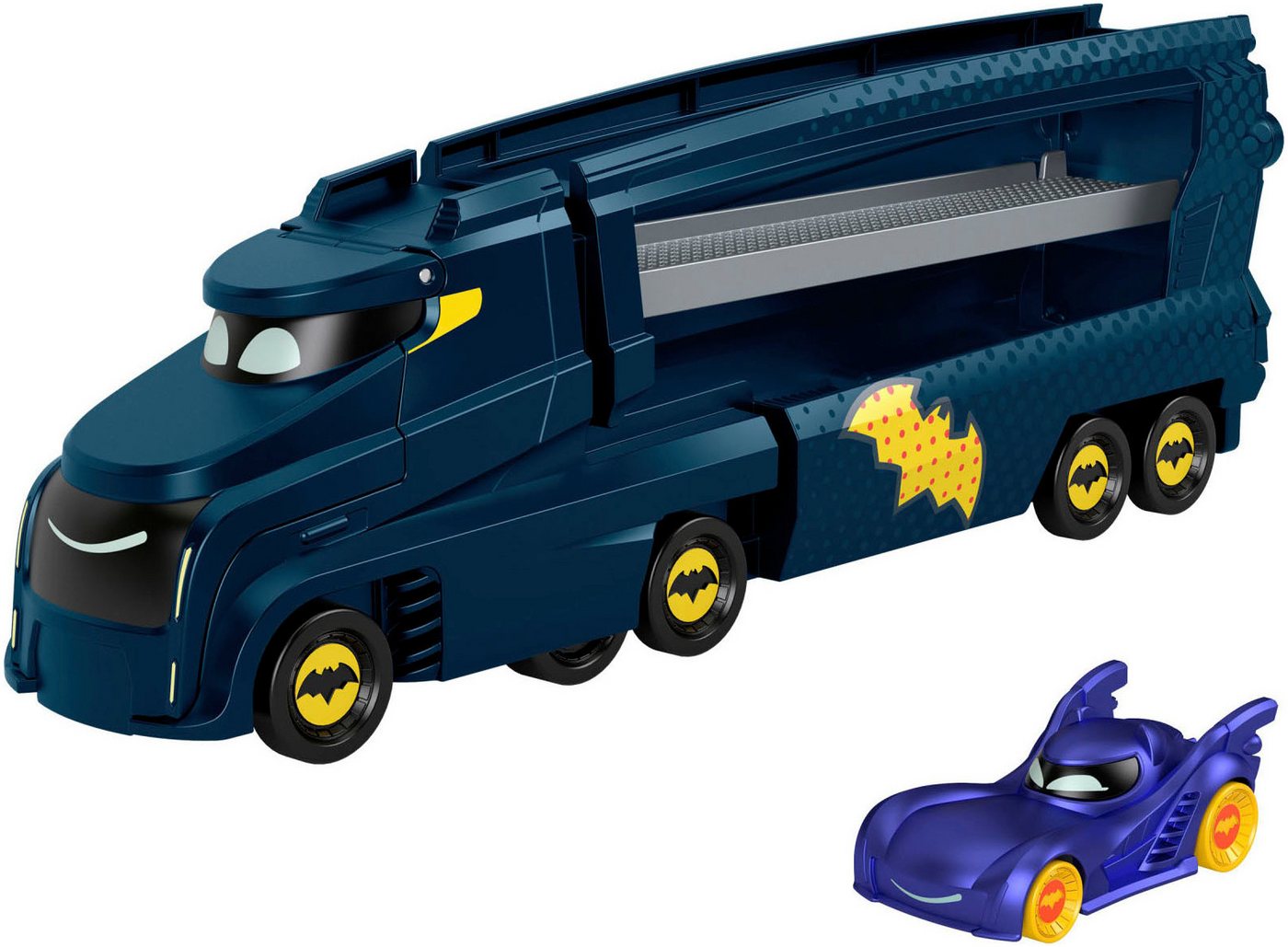 Hot Wheels Batwheels Spielzeug-Transporter mit Rampe und Die-Cast Batmobil, für 7 Fahrzeuge im Maßstab 1:55