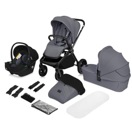 Lionelo LIONELO MIKA PLUS 3-in-1 Buggy, Babywagen, Kindersitz, Babytrage, verstellbare Rückenlehne, Dämpfung, 360° Räder, XXL-Verdeck - Schwarz