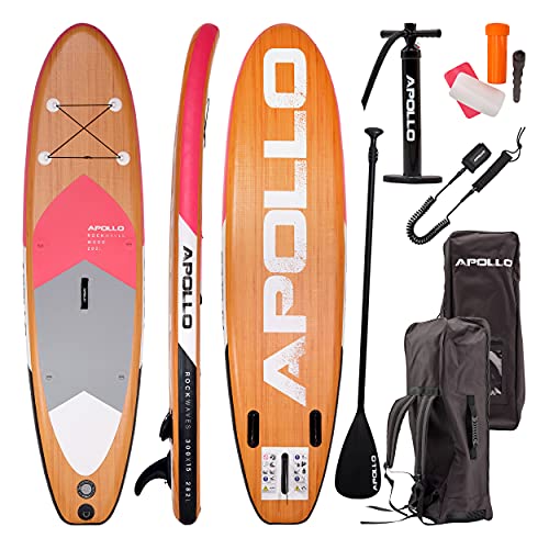 Apollo SUP Board Wood, Allround, aufblasbar, 300 x 15 cm, pink, mit Paddel, Leash und Transporttasche