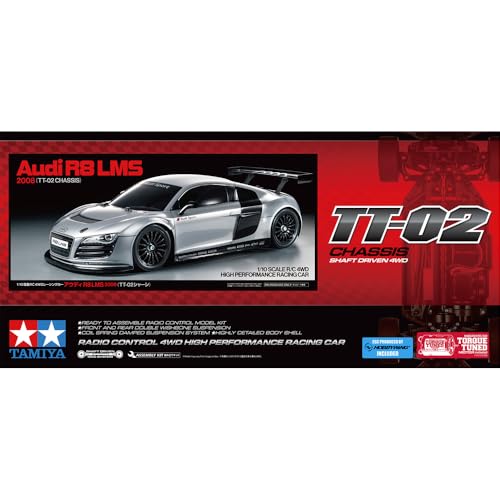 TAMIYA 58749 1:10 RC Audi R8 LMS 2008 TT-02, ferngesteuertes Modellauto mit 4WD Allradantrieb, unlackierter Polycarbonat-Karosserie, Bausatz