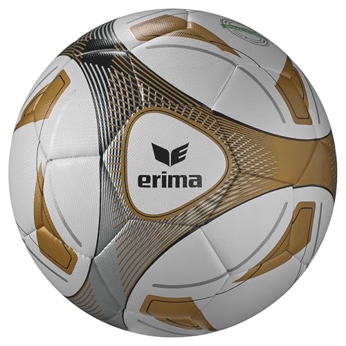 Erima Hybrid Training Fußball, Größe 5, weiß/Gold, PU-Material mit 3D-Struktur für perfekte Flugeigenschaften, langlebig, weicher Ballkontakt