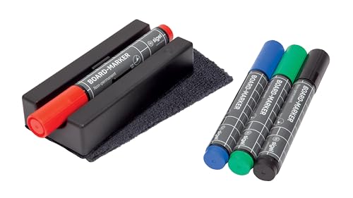 Sigel Whiteboard Zubehör-Set BA151, 4 x magnetische Board-Marker in Schwarz, Rot, Blau und Grün, inkludiert Board-Eraser, 130 mm x 60 mm