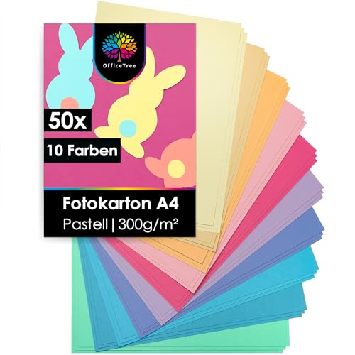 OfficeTree 50 x Tonkarton Pastell A4 - Tonpapier Pastellfarben 300g/m² - 10 Farben - Tonpapier A4 - Fotokarton A4 zum Basteln und Gestalten