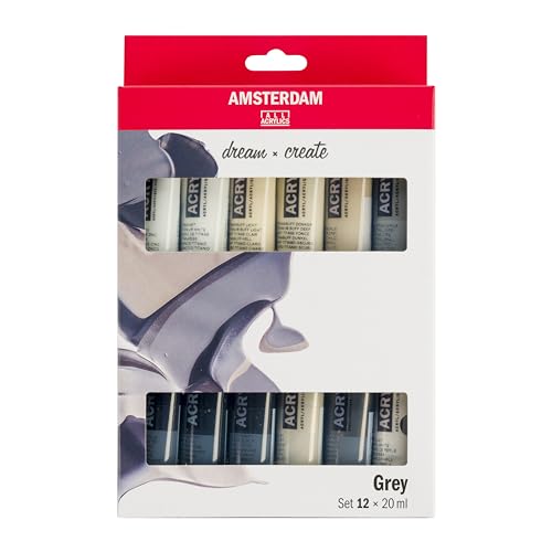 Amsterdam Standard Series Acrylfarbe Grauton-Set, 12 x 20 ml, monochromes Set mit Weiß-, Grau- und Schwarztönen, seidenmattes Finish