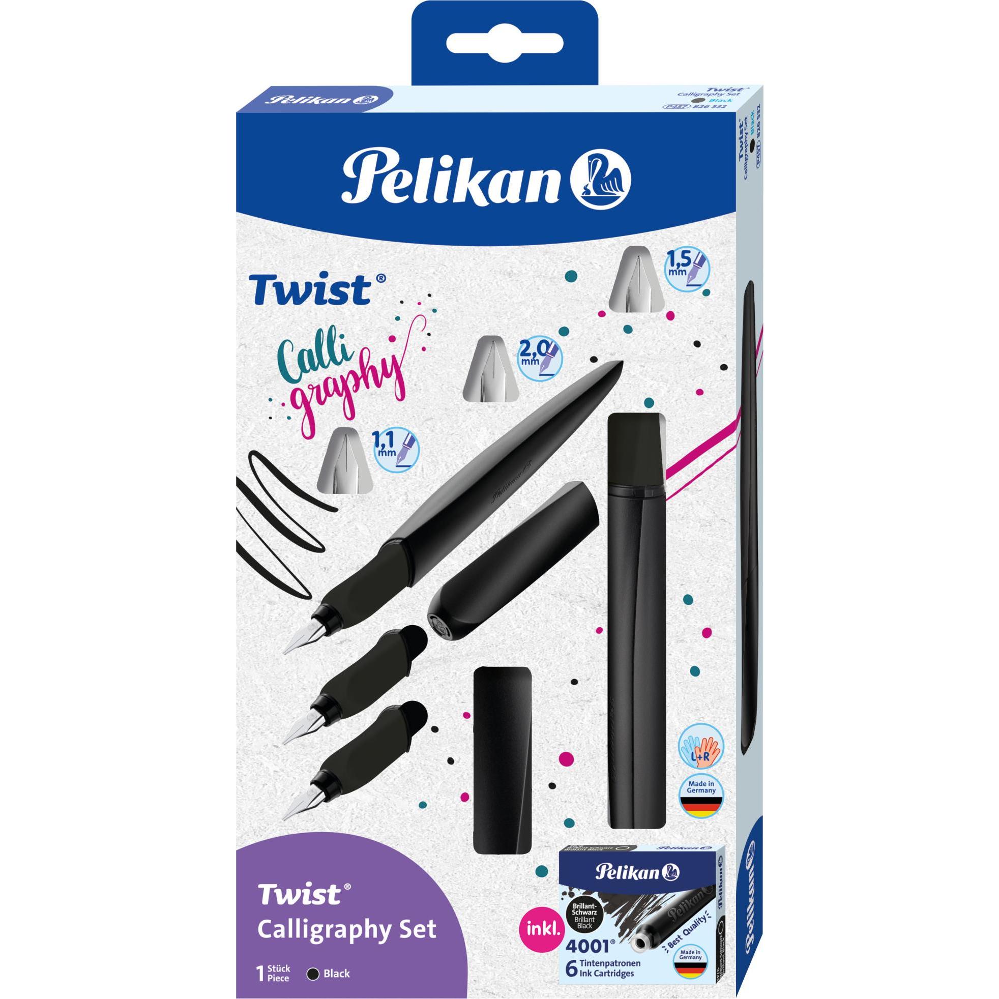 Pelikan Twist Calligraphy Füller, ergonomisch für Rechts- und Linkshänder, 1,1mm, 1,5mm und 2,0mm Feder, Schwarz, inkl. Tintenpatronen