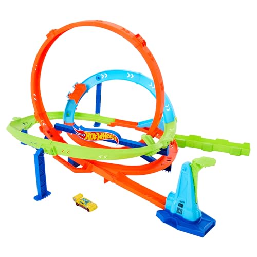 Hot Wheels Looping-Zyklon-Challenge, Action-Trackset mit 2 Spielmöglichkeiten, Bumerang-Loopings und Fahrzeug im Maßstab 1:64, mit Tragegriff, ab 4 Jahren, HXM94