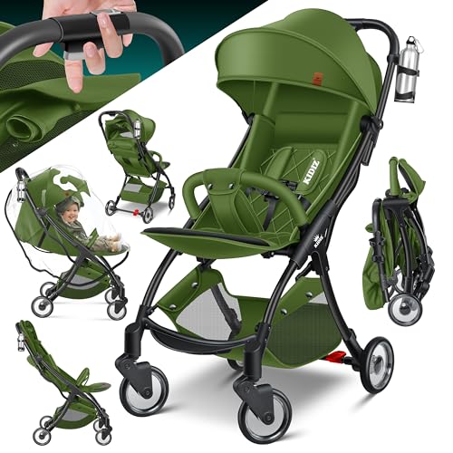 KIDIZ® Kinderwagen Premium Kinderbuggy klappbar, Liegebuggy mit 360° Rädern, 5-Punkt Gurt, Getränkehalter & Regenabdeckung, verstellbare Rückenlehne & Sonnenverdeck, Khaki