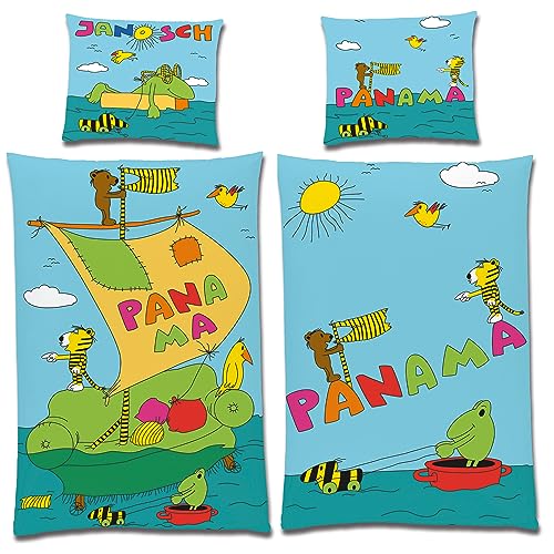 BERONAGE Janosch Kinder-Bettwäsche Panama Tigerente 135 cm x 200 cm + 80 cm x 80 cm 100% Baumwolle Renforcé-Linon-Qualität Wendebettwäsche 2 Motive Reißverschluss Kleiner Bär Tiger Günter Kastenfrosch