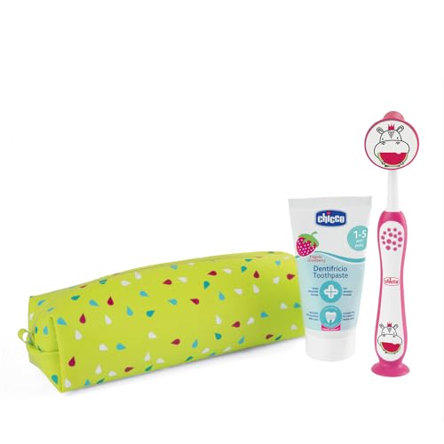 Chicco Kinderzahnbürste und Zahnpasta Set, mit Erdbeerzahnpasta und weichen Borsten, praktisches Reise-Case, für 3-6 Jahre, rot