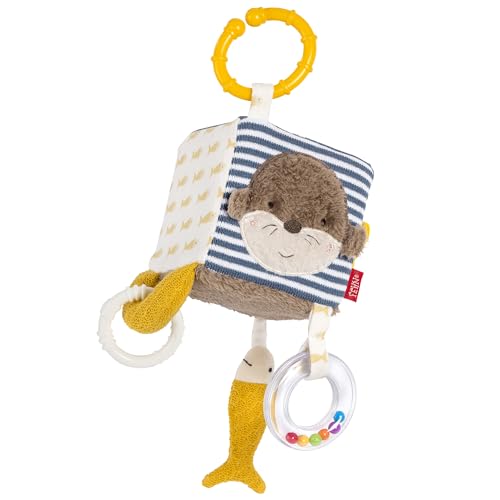 Fehn Greifspielzeug Otter Theo, Activity-Würfel mit Befestigungsring, Motorik-Spielzeug für Babys ab 0+ Monaten, 10 x 10 cm, inkl. Rasselring und Softbeiß-Element