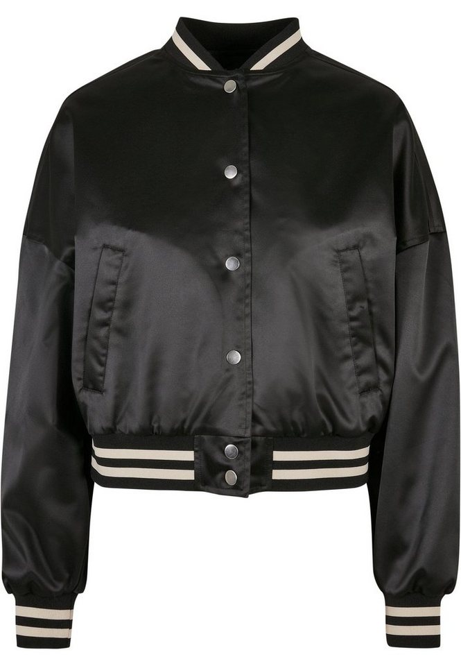 URBAN CLASSICS Damen Ladies Short Oversized Satin College Jacket - Vintage Varsityjacke mit Knopfleiste, geripptem Saum und gestreiften Ärmelbündchen, in Satin, Schwarz