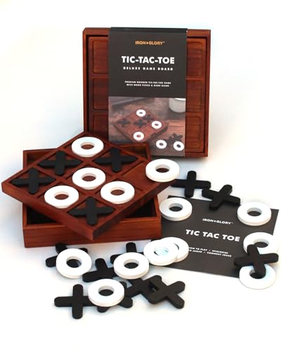Iron And Glory Luckies Brettspiele-17774 Deluxe Tic-Tac-Toe aus Holz mit 10 Holz-Spielfiguren, braun/weißes Fell
