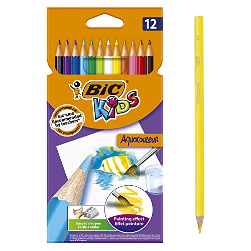 BIC Kids Aquacouleur Aquarellstifte, 12er Pack mit 2,9-mm-Mine für Aquarelleffekt, verschiedene Farben