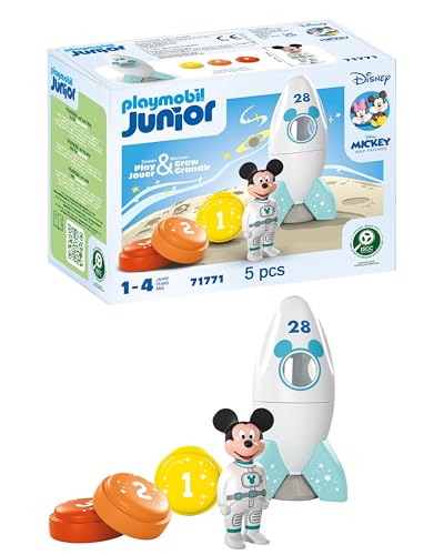 PLAYMOBIL JUNIOR & Disney Micky Maus Raketen- & Weltraumabenteuer, nachhaltiges Spielzeug ab 1 Jahr, fördert Fantasie & erstes Lernen, inkl. 1 Mickey Maus Figur, 1 Rakete und 3 Countdown-Steine, 71771
