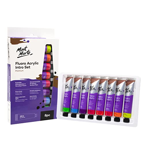 Mont Marte Acrylfarben Set Neon, fluoreszierend, 8 Tuben à 18 ml, brillante lichtechte Farben mit Neoneffekt unter Schwarzlicht, hohe Deckkraft