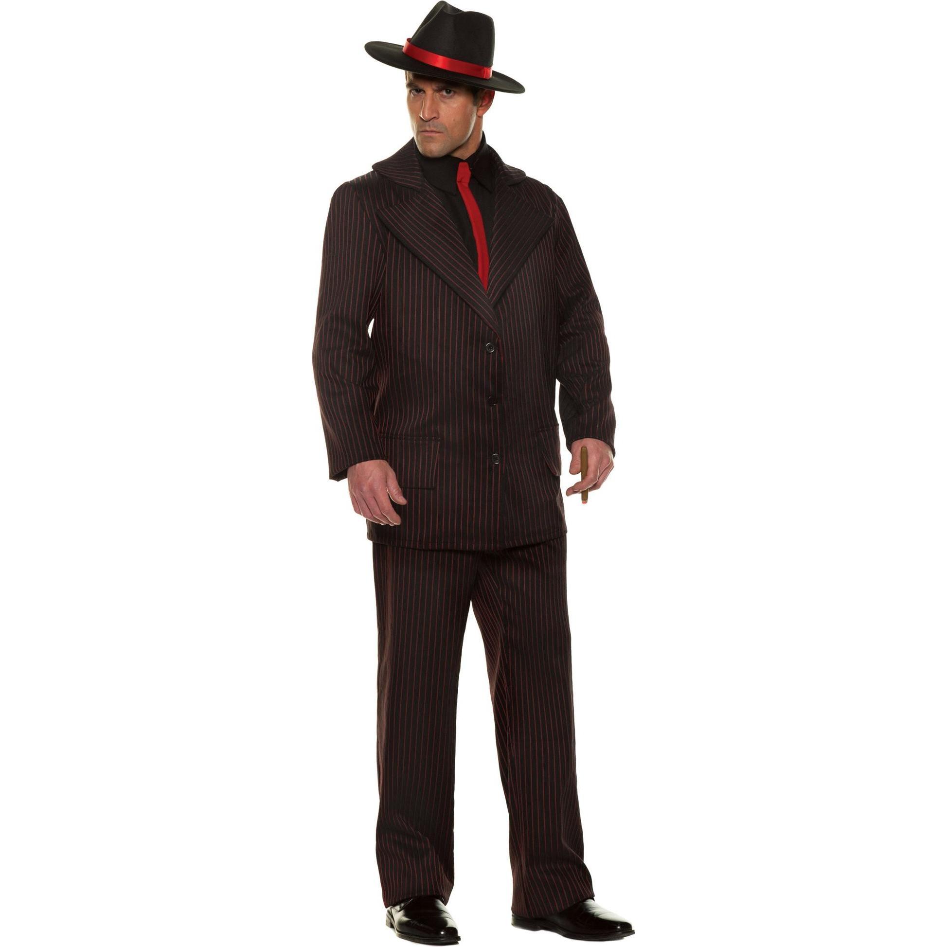 Underwraps Al Capone Kostüm, 20er Jahre Gangsteranzug mit dunkelroten und schwarzen Streifen, inkl. Hemdeinsatz mit Krawatte