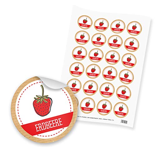 itenga 24x Sticker Aufkleber Erdbeere für Marmelade, Konfitüre und Likör, selbstklebend, Durchmesser 4,0 cm, Papier mit Schutzlack