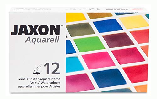 Honsell Jaxon Aquarell Set, 12 halbe Näpfchen mit leuchtenden Farben und hochwertigen Künstlerpigmenten, inkl. Metallkasten mit Mischpalette