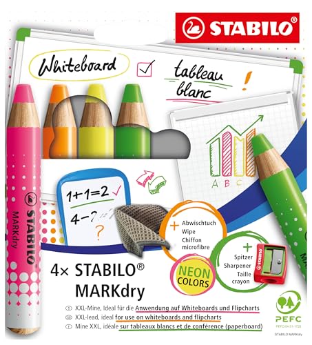 STABILO MARKdry Neon Whiteboard- und Flipchart-Marker, 4er Set in rosa, orange, lila und grün, Strichstärke 1,0 - 10,0 mm