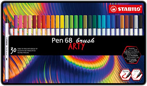 Premium-Filzstift mit Pinselspitze für variable Strichstärken - STABILO Pen 68 brush - ARTY - 30er Metalletui - mit 30 verschiedenen Farben