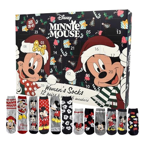 United Labels Disney Minnie Mouse Adventskalender, 12 Paar Socken für Damen Größe 35-41, Sneakersocken und lange Socken, offiziell lizenziertes Merchandise