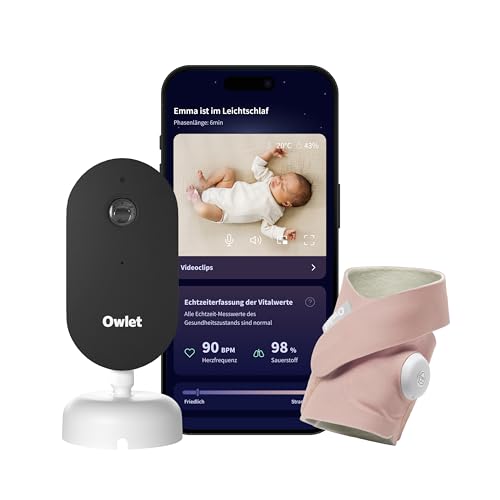 Owlet Dream Duo, Smart Baby Monitor mit medizinisch geprüftem Dream Sock® Sensor, 2K HD Kamera, Puls- & Sauerstoffüberwachung, Schlafanalyse, App-Steuerung, Dusty Rose