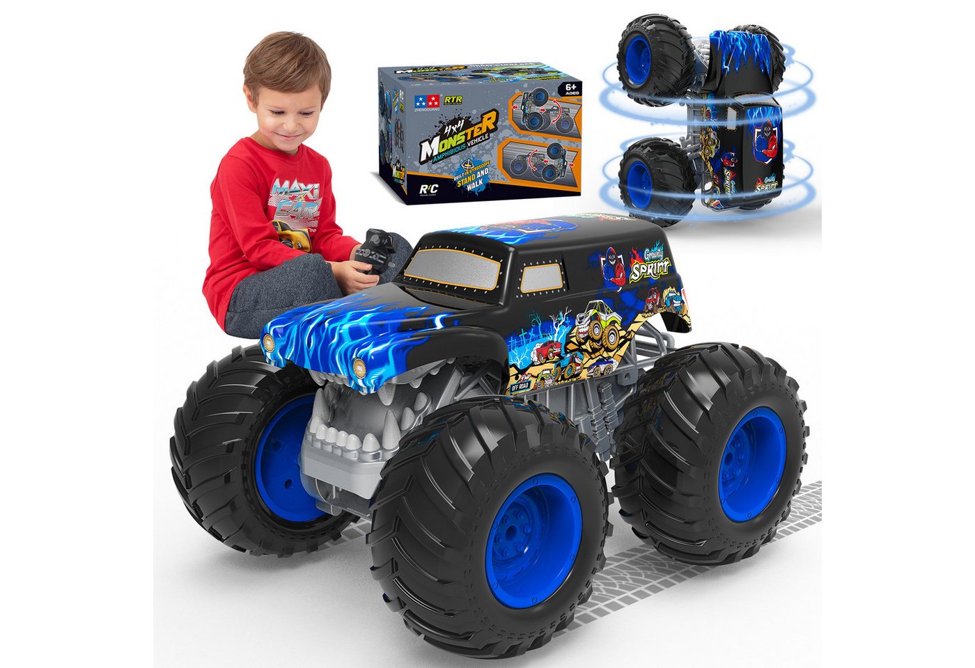Esun RC-Auto Monster Truck Ferngesteuert mit Licht 360°Drehung (SET, 2.4GHz Ferngesteuert), Amphibienfahrzeug, 1:16, 2 Akkus, LED-Lichter, Deutsche Anleitung