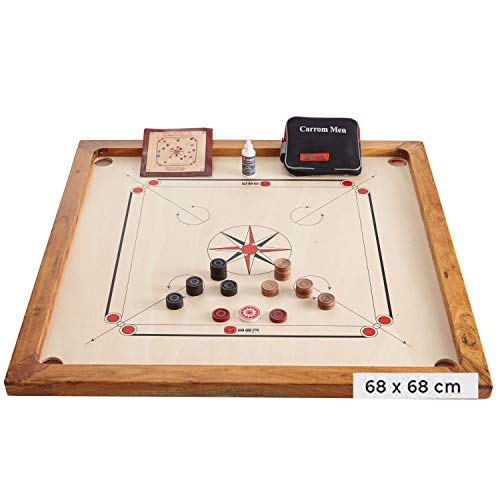 Uber Games Kompaktes Carrom Board Set 4 kg - Carrom Board 68x68 - Top ECO-Hartholz Qualität - Offizielle Scheiben Striker - Mangoholz Spielfläche