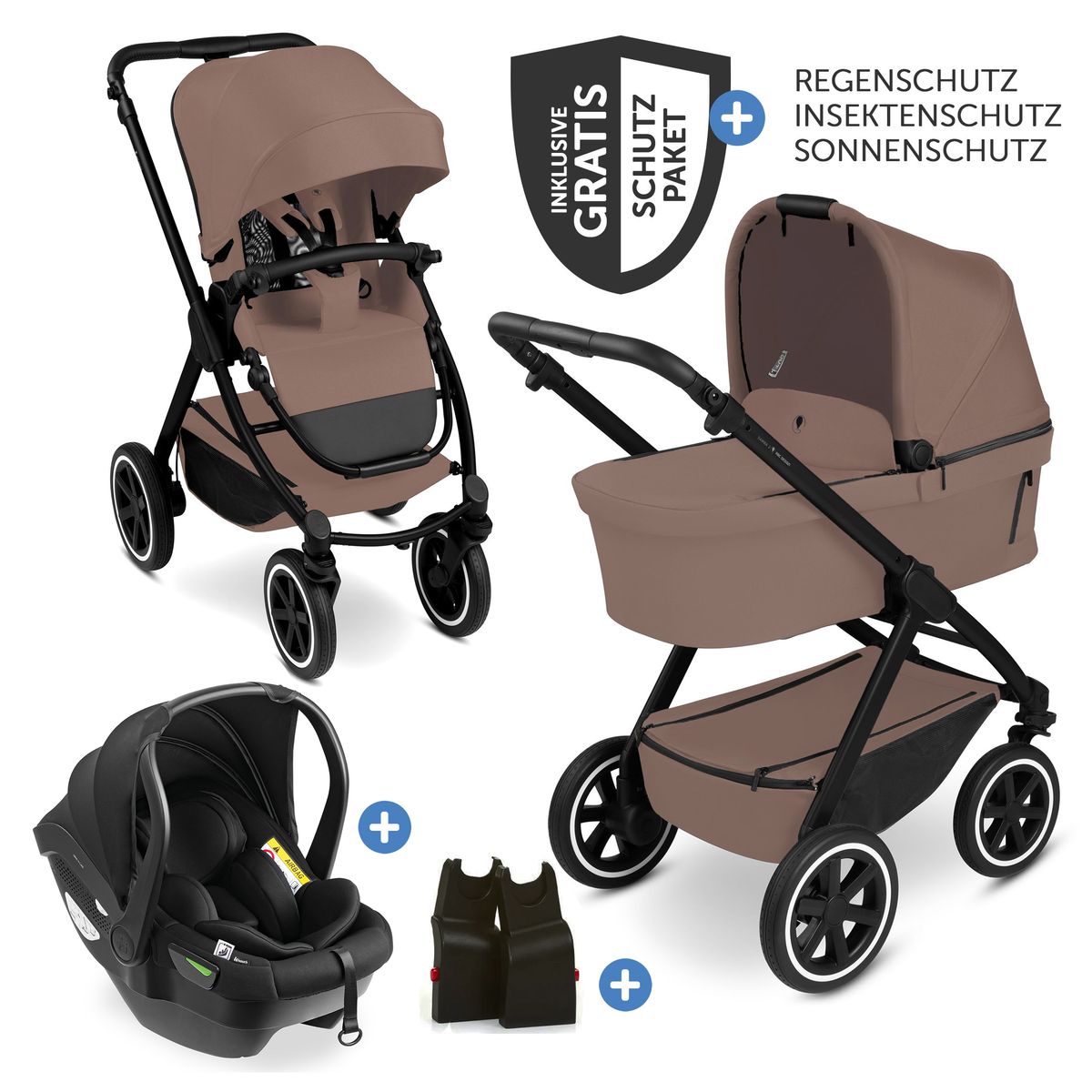 ABC Design Samba 2 3in1 Kinderwagen-Set, inkl. Babywanne, Autositz Drive N Care, Sportsitz, Dark Beige, mit XXL Zubehörpaket und Gratis Mobilitätsgarantie