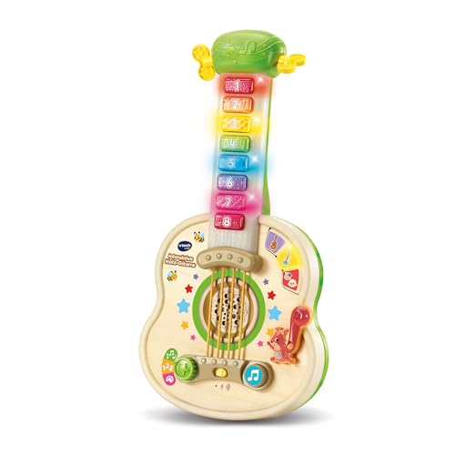 Vtech Interaktive Holz-Gitarre, 3 Spielmodi, 8 bunte Tasten, aufleuchtende Gitarrentasten, 4 gesungene Lieder, kindersicheres Batteriefach
