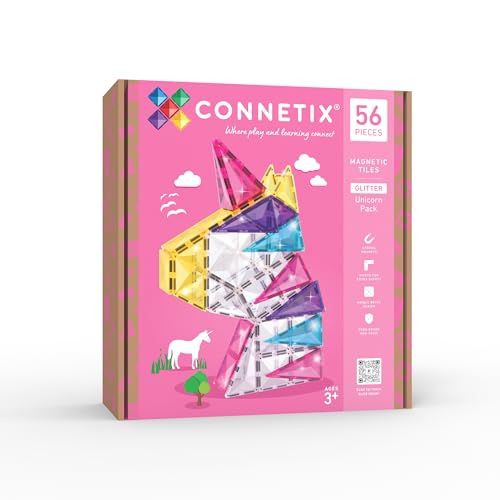 CONNETIX Glitzer-Einhorn Magnetische Fliesen, 56 Stück mit schillerndem Glitzer