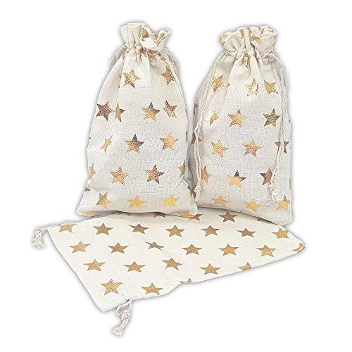 Frau WUNDERVoll® 12 Geschenksäckchen weiß, goldene Sterne 20 x 12 cm Baumwolle Adventskalender Säckchen Stoffbeutel zum Basteln und befüllen Gastgeschenk Hochzeit Landhausbeutel Landhaus