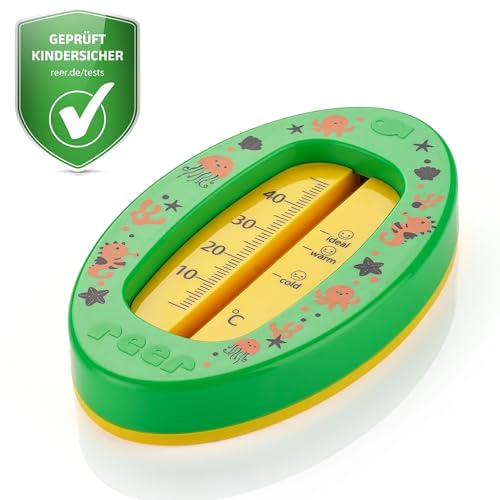 Reer Baby-Badethermometer oval, kindersicheres Bade-Thermometer mit übersichtlicher Skala, quecksilberfrei, hoher Messbereich bis 50 °C, grün